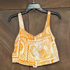 Nicole Miller Orange and White Artelier tropical Crop Top